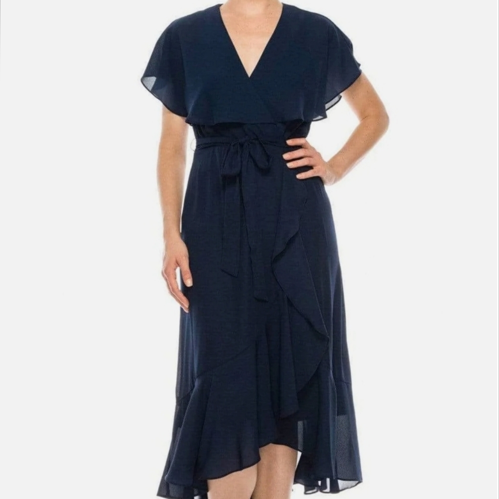 Cape sleeved, wrap ruffled Midi dress. Dark blue, size 4